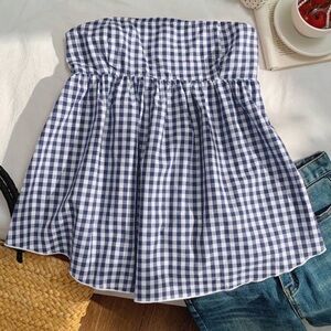 Blue and White Gingham Strapless Top